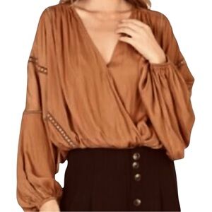 Copper Blue Caramel Satin Balloon Sleeve Boho Lace Inset Blouse NWT
